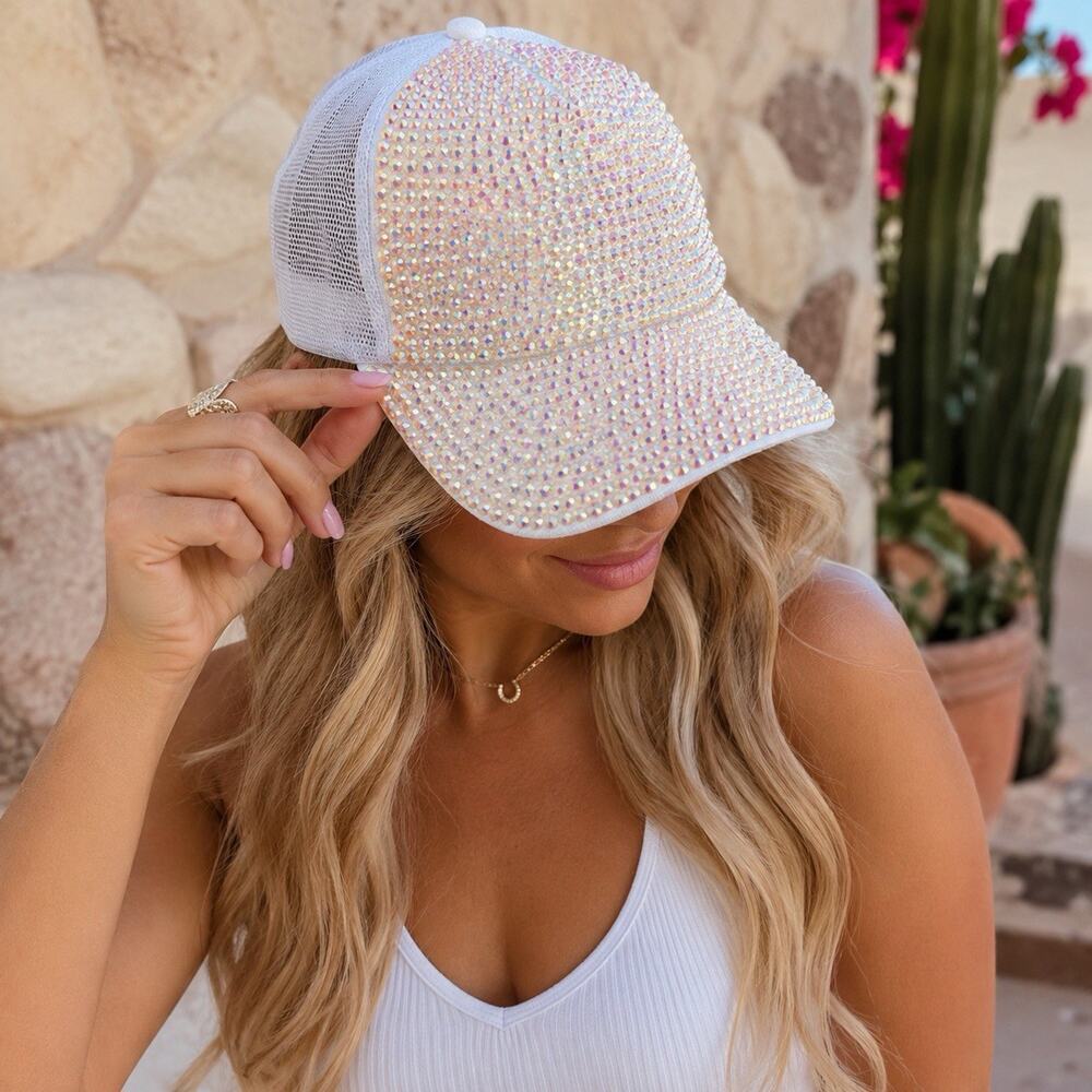 White AB Rhinestone Trucker Hat Mesh Snapback Baseball Cap Bling Iridescent